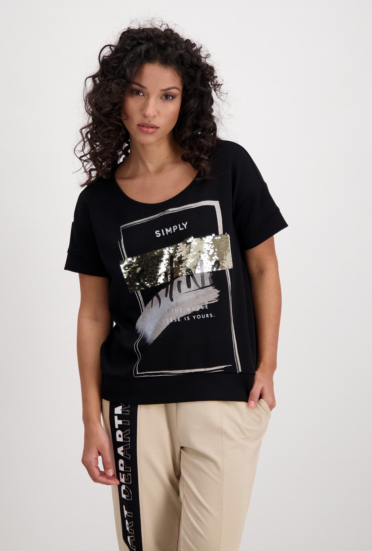 Monari T shirt med pailetter og tryk sort